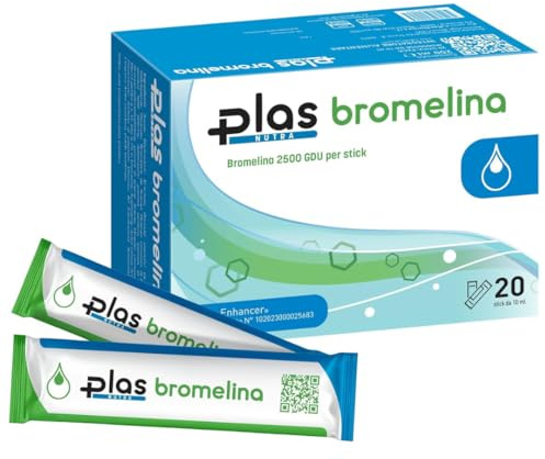 Plas Pharma® Bromelina - Bromelina Forte Drenante 2500 GDU per Stick, Anticellulite e Gambe Leggere, 20 Stick Gel Gusto Ananas, Made in Italy