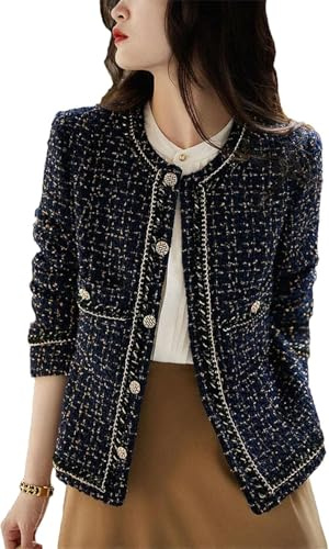 Nueva Primavera y otoño Tops para Mujer Elegante Solo Pecho Slim fit Tweed Chaqueta Slim fit Oficina Chaqueta Elegante Retro Formal Tweed Chaqueta con Solapa sin Cuello (Color de la Imagen,XL)