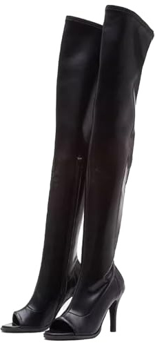 Roimaash Women Burju Dance Heels Thigh High Boots Stiletto Heels Peep Toe Summer Boots Overknee Soft Stretch Pole Dance Long Boots Patent Black Size 40