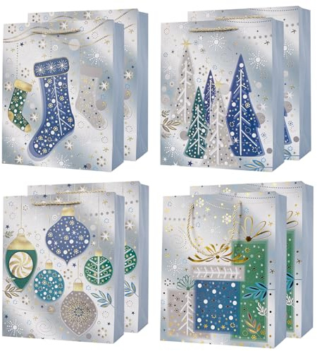 12.6'' Christmas Paper Gift Bags Bundle,8 Pack Large Sliver Xmas Gift Bags for Christmas Holidays Presents Party Favors (Sliver)