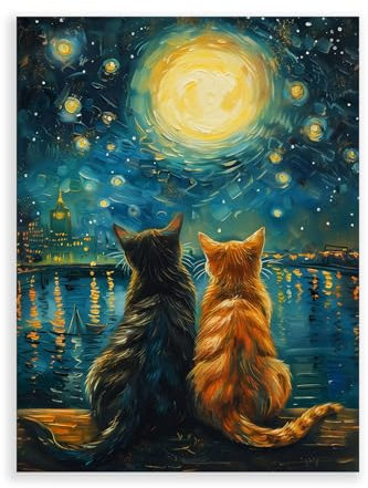 Dazzlewall Starry Night With Cats Wall Art Poster, Vintage Cat Oil Painting Prints for Bedroom Living Room Decor 12x16 in Unframed