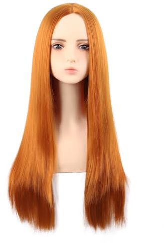 MapofBeauty - Peluca larga de flequillo lateral monocromo, fibra de alta temperatura, fibra recta de moda, 28 pulgadas (70 cm), color naranja claro