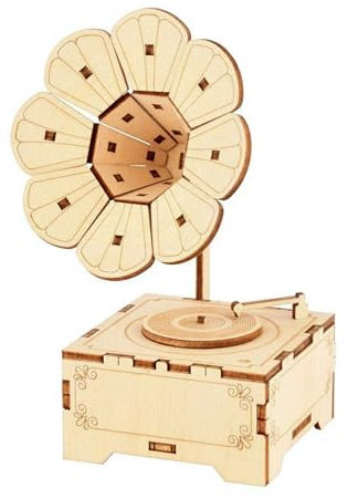 Musiin Carillon 3D in legno con puzzle e fonografo, modello di tromba a petalo fai da te, carillon a carica musicale, kit di montaggio regalo musicale retrò (fonografo)