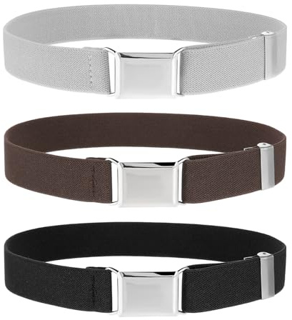 Bremorou Kids Belt Adjustable Stretch Belt With Silver Square Buckle Toddler Boy Belt Set Kids Elastic For Boys Girl Children Pants Uniform Jeans Causal (Black, Silver Gray, Coffee)