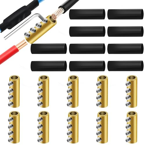 Tanbupu 10Pcs 6-10 AWG 6 8 10 Gauge Wire Connector Nut Kit,80Amp Screw Quick Terminal with 10Pcs Heat Shrink Tubes, Splicing Quick Wiring Connection with Wrench, Circuit Brass 4-Hole