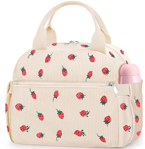 KUBYA Lunch Box for Women, Cute Strawberry Corduroy Insulated Lunch Bag Women Reusable Work Leakproof Simple Adults Large Lunch Boxes Tote Bag Men Cooler Bag