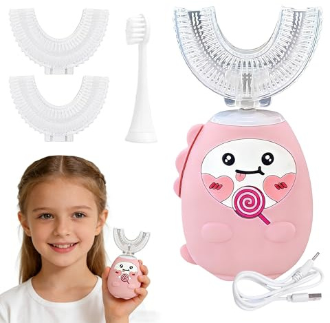 Cepillo de dientes eléctrico para niños, en forma de U, ultrasónico automático de 360°, 5 modos de velocidad, IPX7 impermeable, batería de larga duración, para niños de 2 a 12 años (3 cabezales de