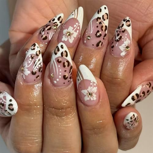 Dermalyx Leopardenmuster Blanc Fleurs Strass Design Press On Nails, Forme Amande Ongles Artificiels Court, Ongles Soft Gel À Coller, Coller Ongles Faux Bouts De Cils