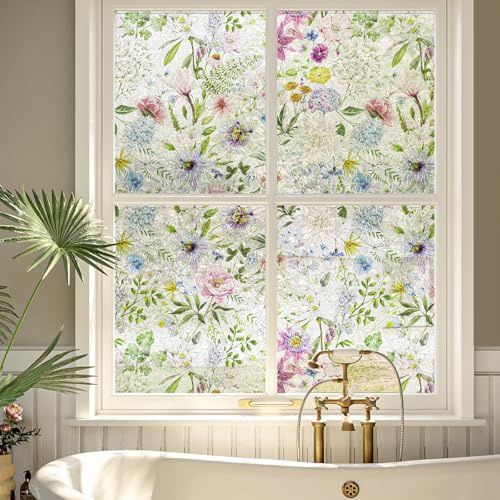 Yenhome Pellicola per Vetri Finestre con 3D Fiori 30x200cm Pellicola Oscurante Decorative Fiori Colorati Anti UV per Soggiorno Porta d'Ingresso Adesivo per Vetri Finestre Privacy in Stile Art Nouveau