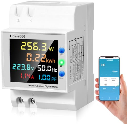 WiFi Contatore Energia Elettrica Monofase, 6 in 1 Multifunzione Misuratore Contatore AC 40-300V 100A Elettrico Amperometro Voltmetro DIN Misuratore di Elettricità con Display LCD