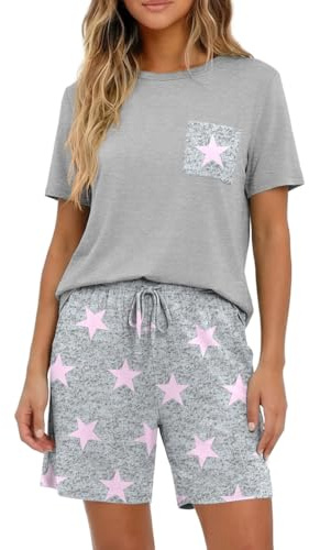 PrinStory Pyjamas dam kort kortärmad pyjamas-set rund hals vardagskläder sommar nattkläder T-shirt och shorts