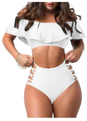 Sexy Bikini Set Off Shoulder Ruffle Bandage Swimsuit Women High Waist Bandeau Push Up Swimwear Beach Ladies Bikini Set(White,XL)