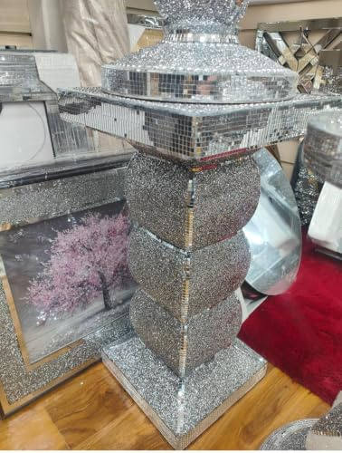 Silver Crushed Diamond Glitter Mirrored Side End Table | Sparkle Finish, Living Room & Bedroom, Modern Design, Mirrored Mosaic Detail, Baluster Column Base