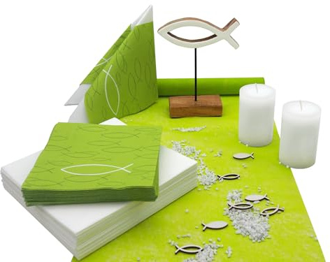 ZauberDeko Tischdeko Kommunion Konfirmation Grün Kiwi Weiß Fisch Set 20 Personen