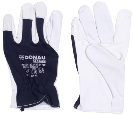 DONAU SAFETY Leder Arbeitshandschuhe mit Elastischem Handgelenk/Größe 7/S / 1 Paar/Weiß-Dunkelblau/MontageHandschuhe/Weich und Bequem Schutzhandschune aus Ziegenleder und Polyesterstoff
