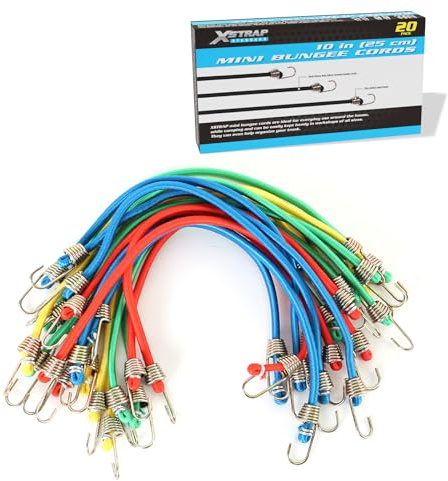 XSTRAP STANDARD 20 Pack Mini Bungee Cords, 10 Inch Rubber Stretchy Bungee Cords with Hooks for Bikes, Camping, Tools, Tarps and Cargo, Hang Christmas Ornaments