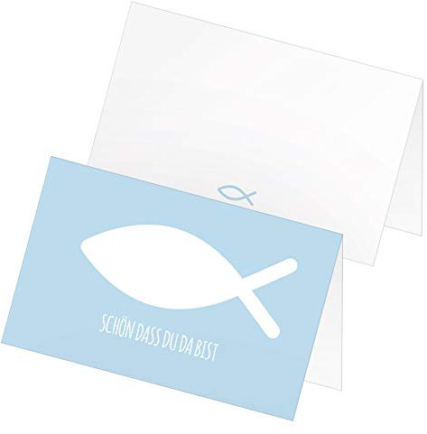 itenga 24 x Tischkarten Platzkarten Namensschild Fisch Kommunion Taufe Konfirmation Jungen Mädchen (himmelblau)