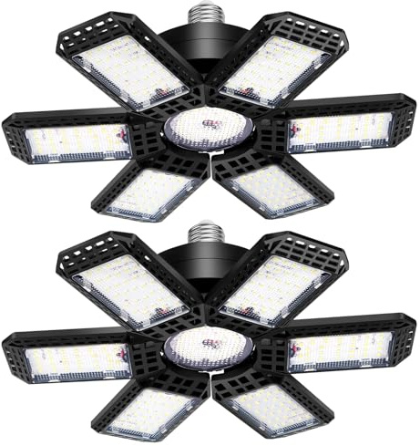 AUDLES 2 Pack Garage Lights, 200W 20000LM 6500K LED Shop Lights, Garage Light Ceiling Led with 6+1 Deformable Panels, Screw in E26/E27 Socket Bulb for Warehouse, Workshop, Basement, Barn Lighting