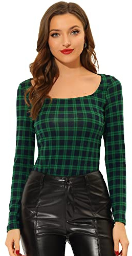 Allegra K Blusa Mujer Manga Larga Camiseta, Camiseta a Cuadros, Blusa básica con Cuello Cuadrado Azul Verde XL