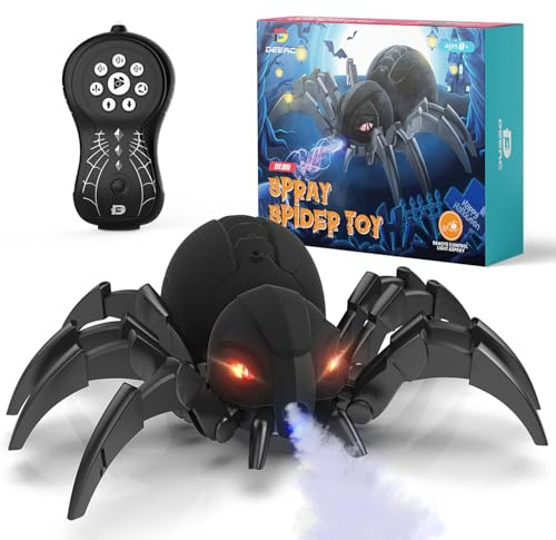 DEERC Robot Spider, Remote Control Spider with Spray and Lights, Black Widow Toy for Kids, for Birthday Party Joke Prank, Wireless RC Realistic Bot Moving Real Music Effect Tarantula