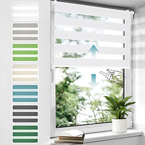 Doppelrollo schnurlos Klemmfix ohne Bohren Duo Rollos für Fenster & Tür, 45x120cm (BxH) Weiß, Drücken Und Ziehen Springrollos Klemmrollo ohne Schnur lichtdurchlässig & Blickdicht