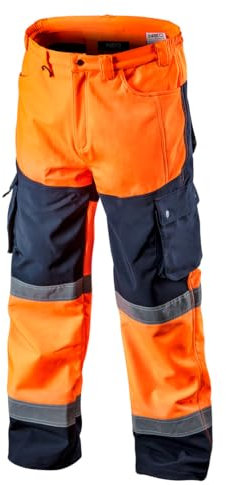 NEO TOOLS Ensemble pantalon de travail haute visibilité pour homme + veste polaire | Pantalon imperméable (colonne d'eau 8000 mm) Pantalon en softshell avec doublure en polaire, orange/jaune, S à 2XL,