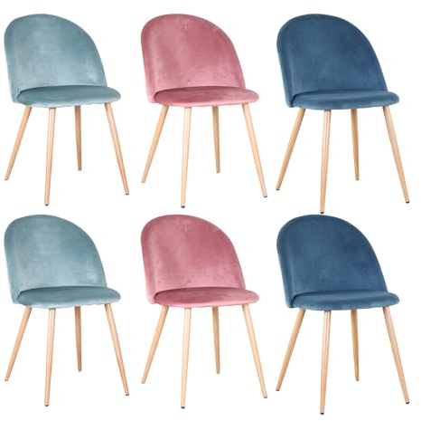 GrandCA HOME Set di 6 Sedie per Sala da Pranzo in Velluto, Sedie da Cucina Imbottite con Gambe in Metallo, per Soggiorno, Verde+Blu+Rosa