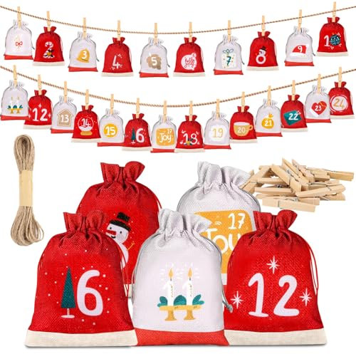 24 Weihnachtskalender zum Befüllen,DIY Adventskalender Basteln,Weihnachtskalender Adventskalender zum Befüllen Stoff Kinder,Adventskalender Säckchen Tüten 18 x 13 cm für Kinder Frauen Männer