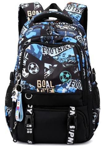 Tanou Sac a Dos College Garcon Renforcé Cartable Garcon Primaire | Résistant à l'Eau Cartable Scolaire pour Adolescents 10-18 Ans en Nylon, Noir/Bleu Football