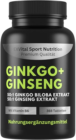 EXVital® Ginkgo + Ginseng, 365 Tabletten, 50:1 Pflanzenextrakte, hochdosiert - Ginkgo Biloba & Koreanischer Ginseng - Laborgeprüft - Vegan