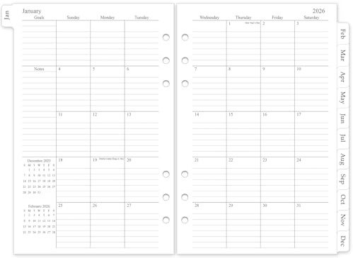 Recharge pour planificateur mensuel 2026, inserts de planificateur moyen A5 pour 6 trous, 14 x 21,6 cm, janvier 2026 à décembre 2026, 12 calendriers mensuels avec onglets laminés, perforées à 6 trous