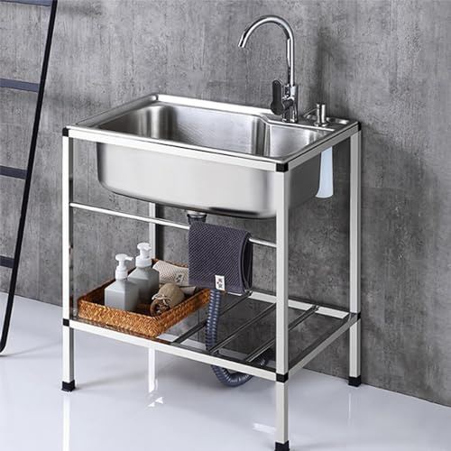 Évier utilitaire en acier inoxydable avec robinet et étagères de rangement sur pied pour une utilisation en intérieur/extérieur, accessoires de qualité commerciale inclus