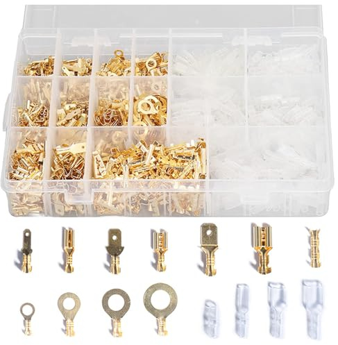 Jiavlyx 1000 Stycken Elektriska Krympklämmor, 2,8mm/4,8mm/6,3mm, M3/M4/M5/M6 Krympklämmor, Set med Platta Krympklämmor, Med Isolerande Hylsa, För Krympanslutningar för Elektriskt Kabel