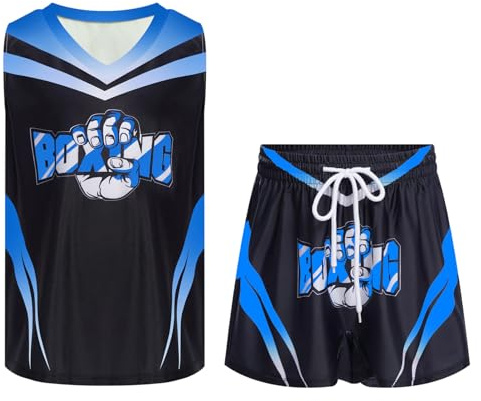 CHICTRY Completo da Boxe Bambino e Ragazzo Costume Pugile Abbigliamento Boxe Canotta Pugilato Canottiera Boxing Tank Top e Pantaloncini Kick-Thai Muay Thai MMA Azzurro 9-10 anni