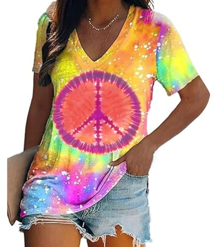QIXYN Women Hippie Shirt 60s 70s Peace Love Tie Dye Tshirt Hippie Style Top