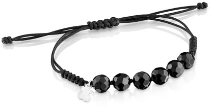 TOUS Pulsera de Cordón Negra de Onix con Motivo de Oso en Plata de Primera Ley para Mujer, 16.5cm de Largo, Colección Basics
