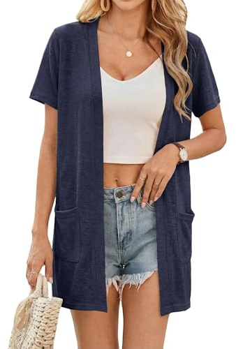 Totatuit cárdigan Mujer Verano Ligero Mangas Cortas con Bolsillos cárdigan | Verano Ligero, Estilo Diario, Uso Casual, Combinación Versátil