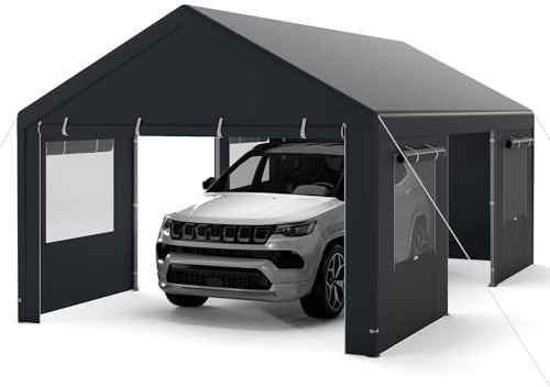 COSTWAY Zeltgarage Carport, 600 x 363 cm Garagenzelt Winterfest, Lagerzelt mit abnehmbaren Seitenwänden, Rolltüren & belüfteten Fenstern, Weidezelt Unterstand für Auto, SUV, LKW, PKW (Grau)