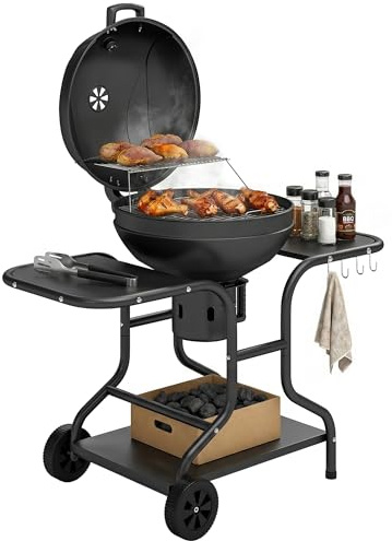 Outsunny Barbecue à charbon Rond avec couvercle Barbecue Rond Extérieur avec Thermomètre, Tables Latérales, Étagère Inférieure, Roues pour Jardin, Terrasse, Noir