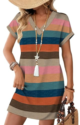 Cuptacc Vestido Mujer Verano Manga Corta Cuello V Vestido Midi Mujer Elegante Vestidos Playa con Bolsillos