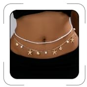 AOSWUD Set di 2 Catene da Vita Dorate da Donna,Gioielli per il Corpo Regolabili con Perle,Conchiglie e Stelle Marine Stile Bohémien per Spiaggia Vacanze e Feste Estive (Bianco perla)