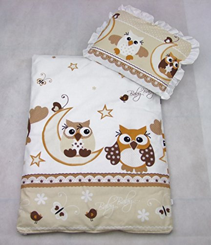 Rawstyle 2 tlg. Set Bezug **12 EULEN-MOTIVE** in 70x50 cm für Kinderwagen, Wiege und Stubenwagen Kinderbettwäsche Garnitur Bettwäsche *Deckenbezug + Kissenbezug* (Eulen Beige/Braun)