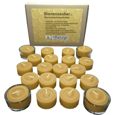 Bienenwachsteelichter aus reinem Bienenwachs 20 Teelichter und 4 Teelichtgläser zum wieder befüllen direkt vom Imker, Handarbeit