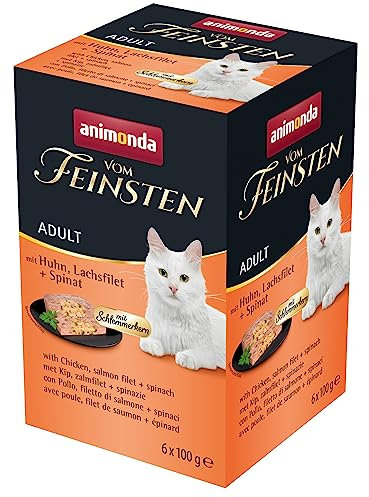 animonda vom Feinsten mit Schlemmerkern in Huhn & Lachsfilet + Spinat (6 x 100g), getreidefreies Katzenfutter nass ohne Zucker, mit frischen, fleischigen Zutaten
