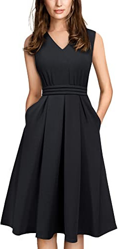 HOMEYEE Damen Vintage 50er Ärmellos Cocktail Retro mit Pocket Flared Kleid A196 (L, Schwarz)
