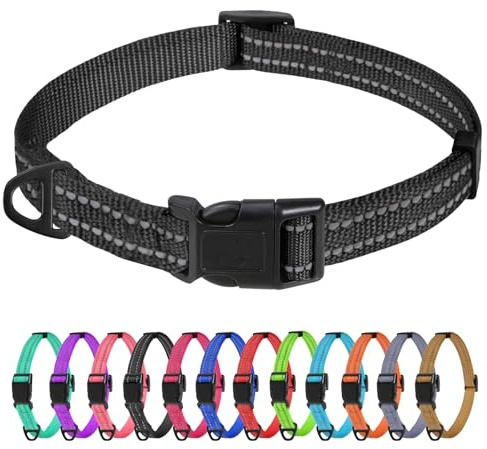 TagME Nylon Hundehalsband, Verstellbares Reflektierendes Hundehalsband mit Sicherheitsschnalle für Extra Kleine Hund, Schwarz, 1.5cm Breite