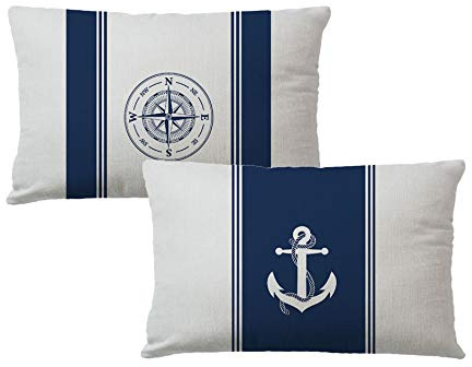7COLORROOM 2Pack Nautical Sailing Throw Pillow Cover Navy Blue with Anchor/Compass Pattern Rectangular/Waist Cushion Cover Ocean Beach Home Decor Pillowcases 12×20,for Sofa Couch Patio (12×20)