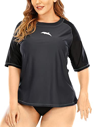 Halcurt Chemise UV Femme Grande Taille Rash Guard Manches Courtes UPF 50+ Chemise de Bain Protection UV Chemise de Natation Séchage Rapide Maillot de Bain 1X-4X, gris, 4XL grande taille