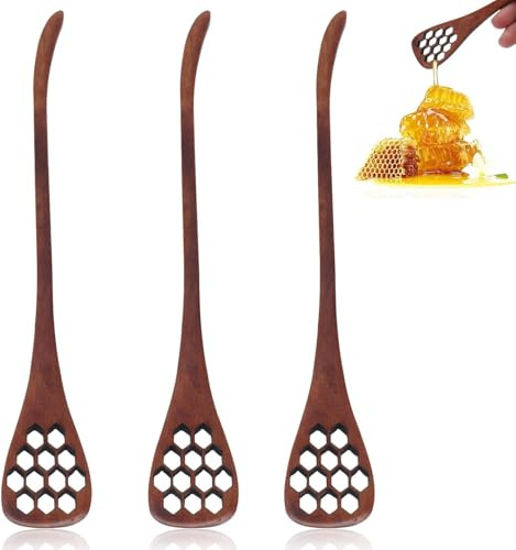 3 palitos de miel de madera, cuchara de miel bonita, cucharones de jarabe de madera pequeños, agitador de mezcla de miel con agujero para mezclar llovizna(marrón)