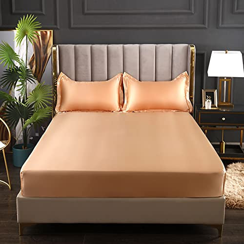 HAIBA Sommer Seidenmatte Spannbetttücher All-Inclusive rutschfeste Kissenbezug Matratzenschutz Tagesdecke Bettdecke,gelb-2,180x200+25cm